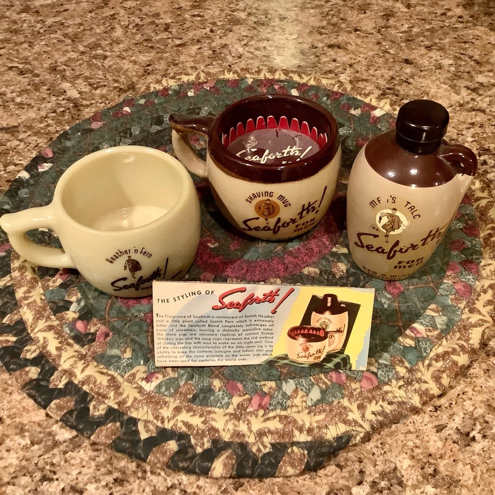 Vintage Seaforth shaving mugs 3 pc set plus soap and leaflet 1930’s